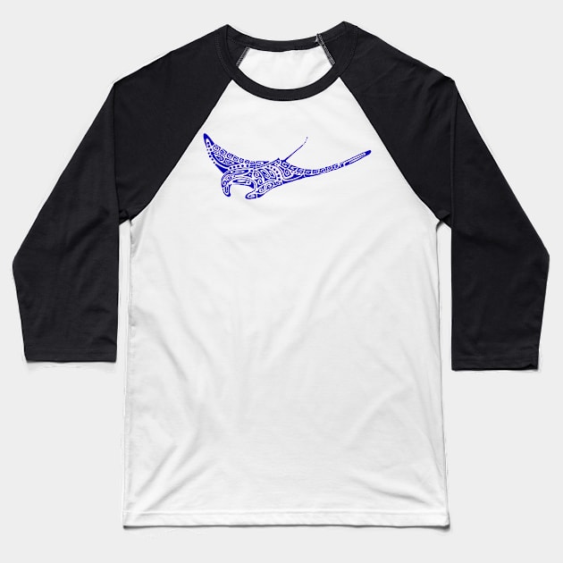 Manta ray ultramarine blue tattoo pale gray background Baseball T-Shirt by Zamen